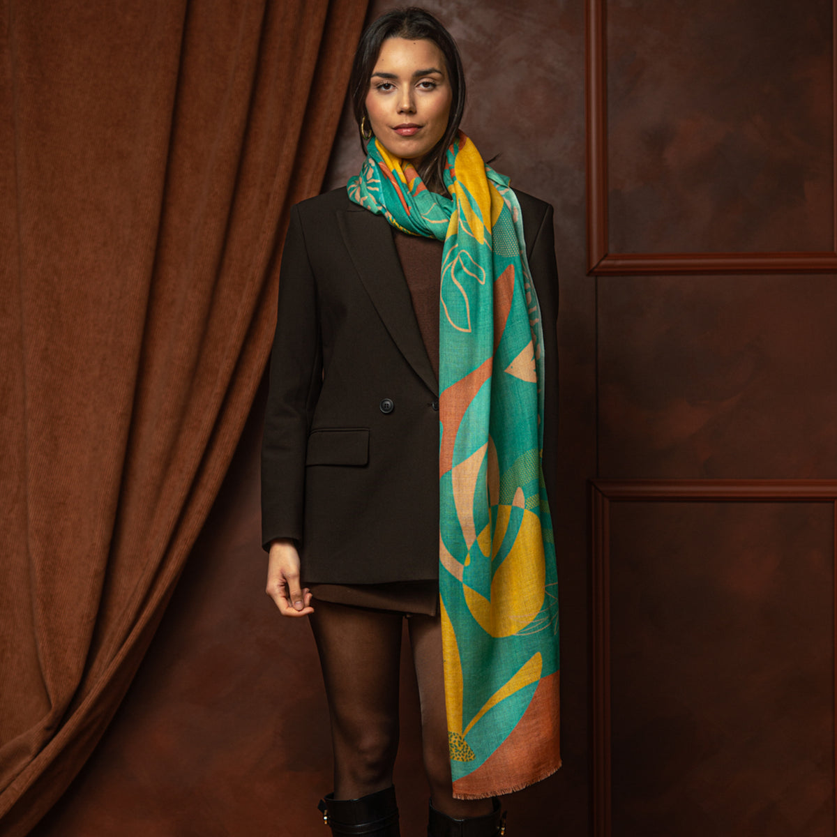 Grande écharpe cachemire FLORE TURQUOISE