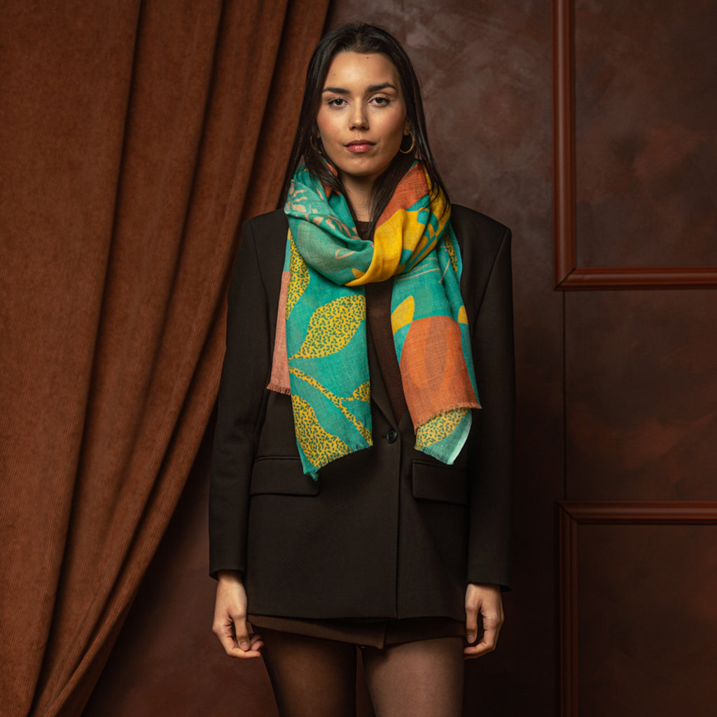 Grande écharpe cachemire FLORE TURQUOISE