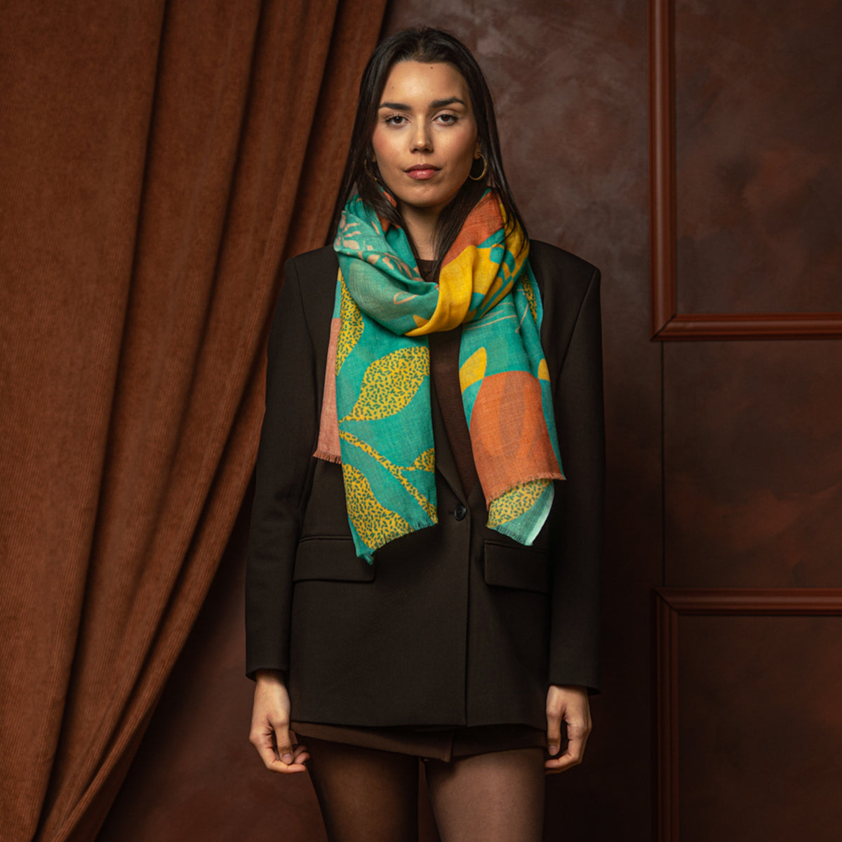 Grande écharpe cachemire FLORE TURQUOISE
