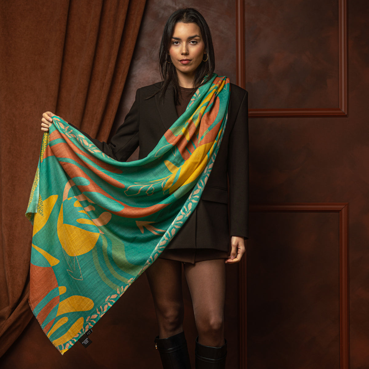 Grande écharpe cachemire FLORE TURQUOISE